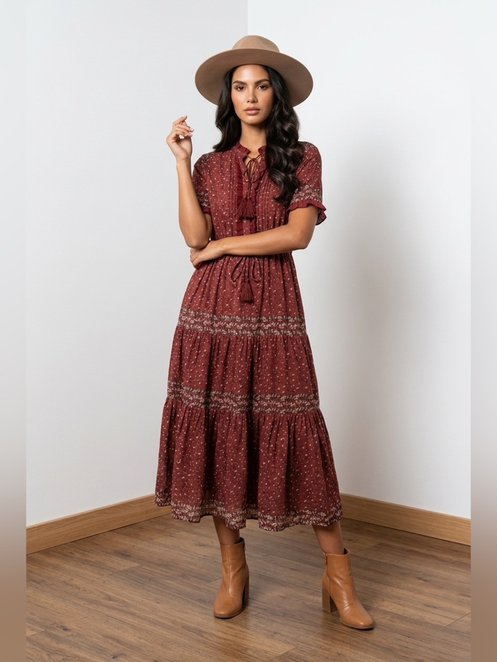Free People Rare Feelings Burgundy Floral Tiered Maxi Dress with Tie Waist - Picture 2 of 11